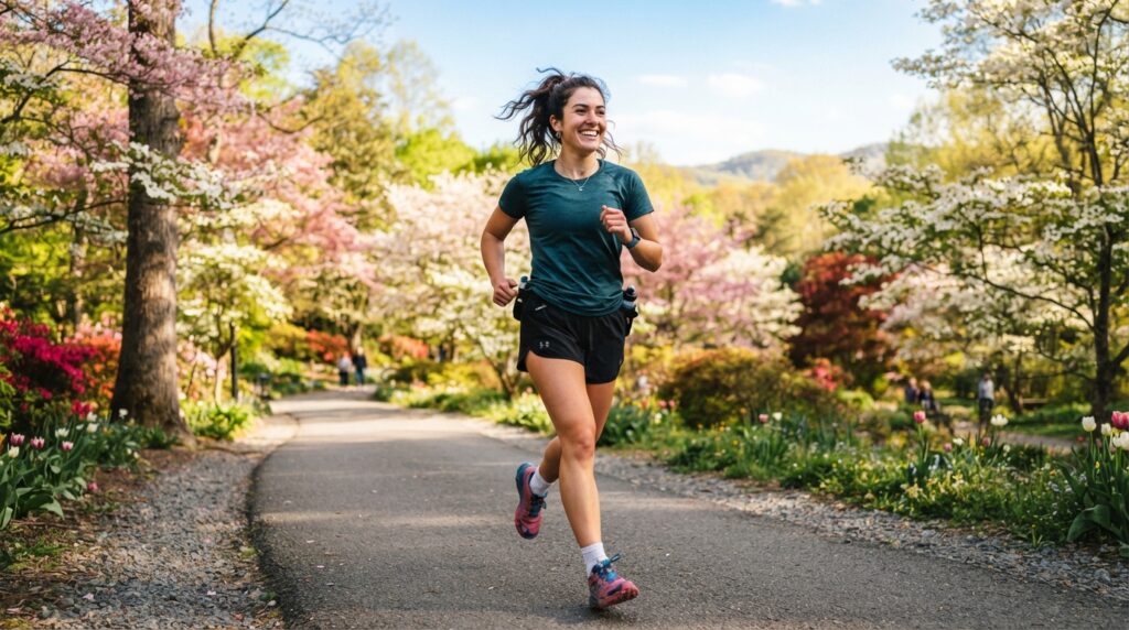 A beginner walking briskly outdoors as part of weekly physical activity