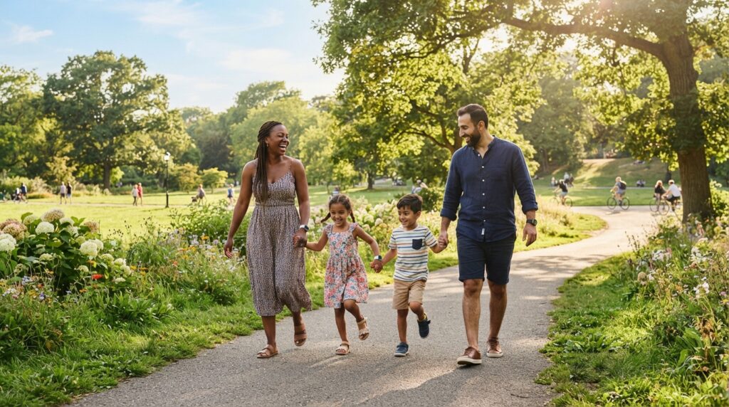 A family walks together during a flexible healthy day