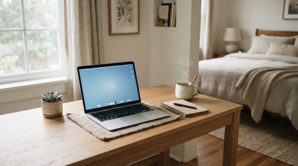A laptop stays on a desk outside the bedroom sleep space