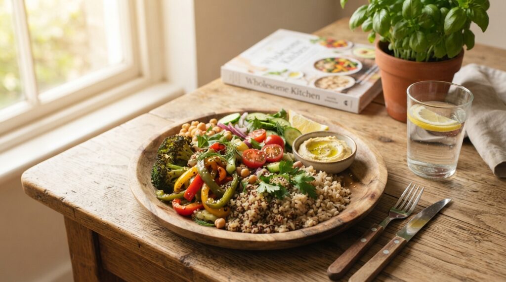 A meal with vegetables and whole grains for healthy eating