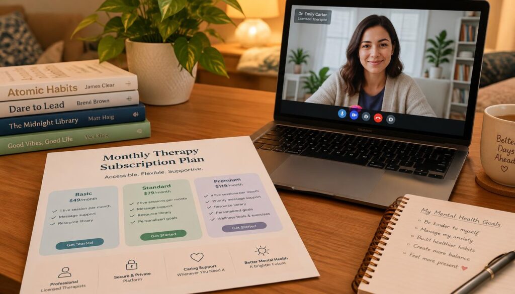 A monthly therapy subscription plan beside a video appointment