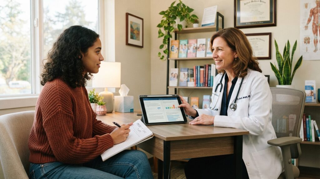 A patient reviews preventive care and health screenings with a clinician