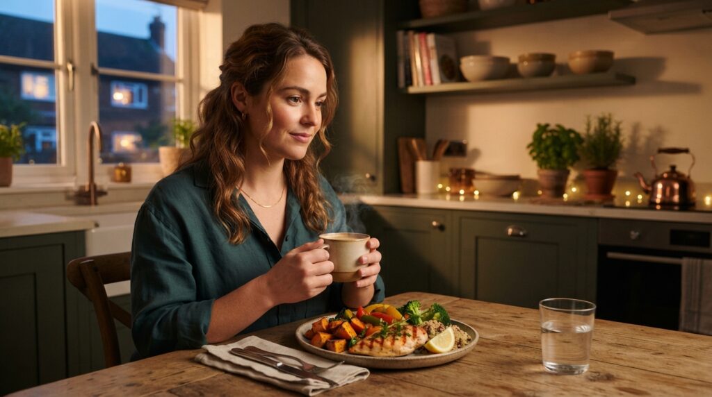 A person chooses an earlier coffee and lighter evening meal