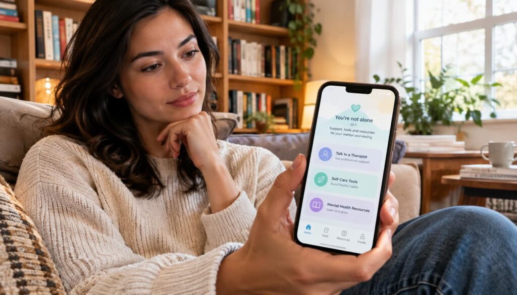 A person finds free mental health support on a phone