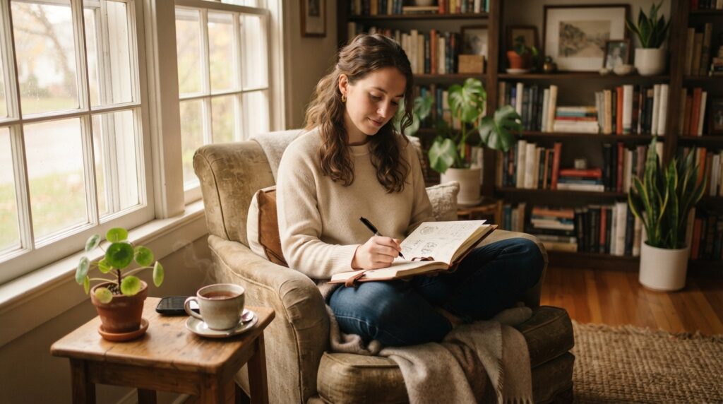 A person journaling quietly during a stressful day