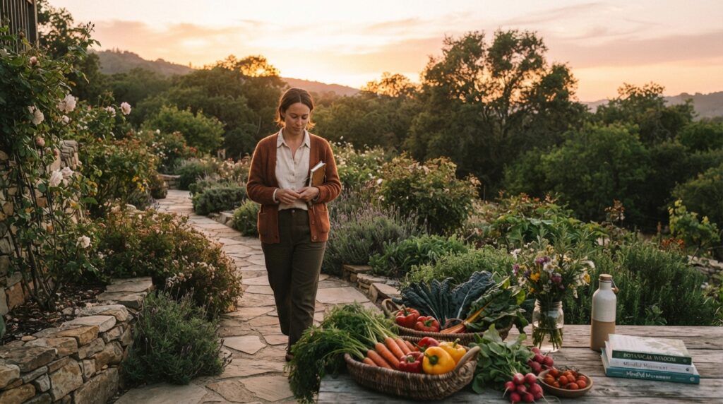 A person plans a holistic approach with vegetables, walks, and sleep A person plans a holistic approach with vegetables, walks, and sleep