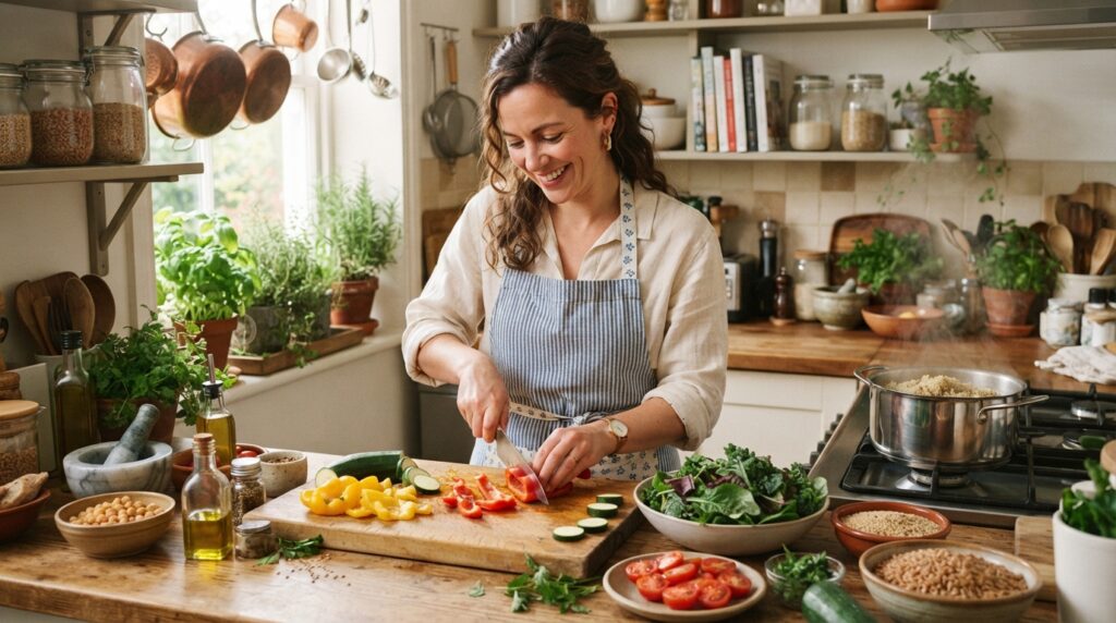 A person preparing whole grains and vegetables for a nourishing meal