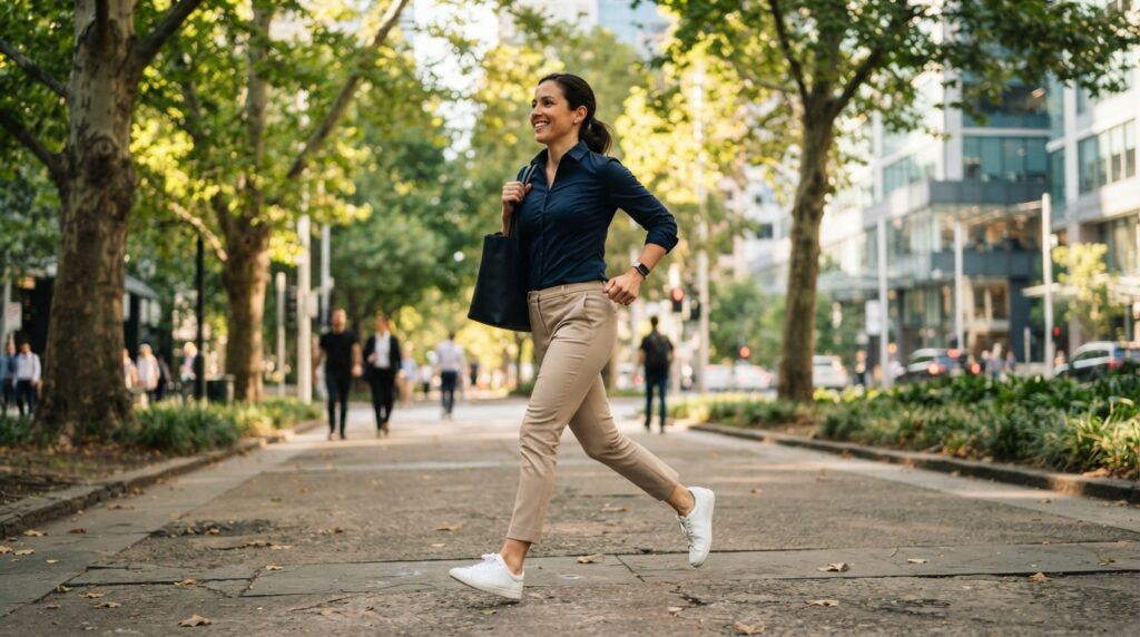 A person taking a ten-minute walk during a workday A person taking a ten-minute walk during a workday