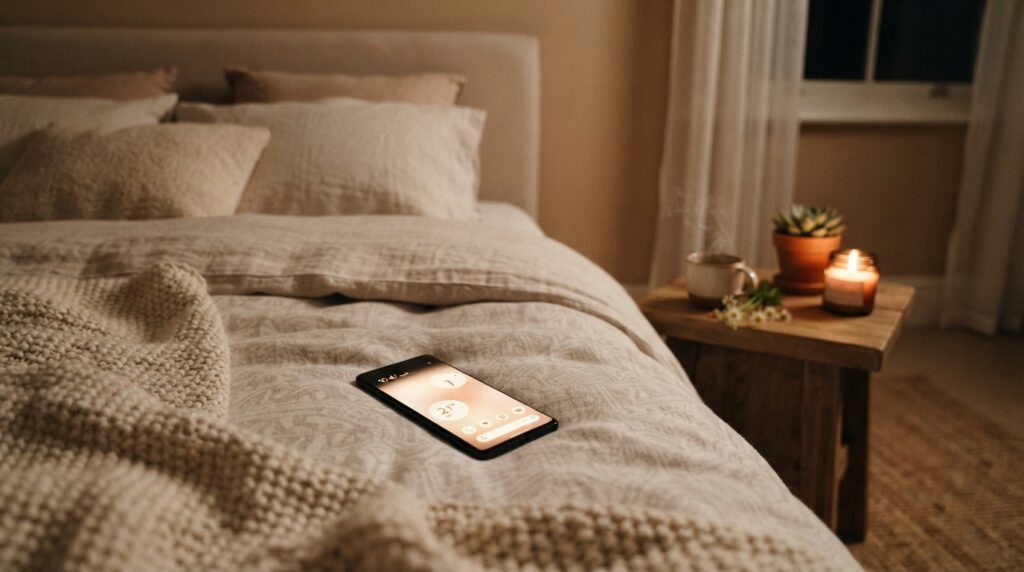 A phone set aside before a calm bedtime routine
