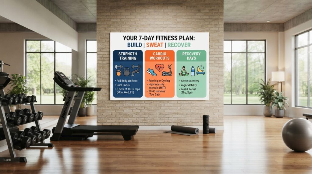 A simple fitness plan showing strength, cardio, and recovery days A simple fitness plan showing strength, cardio, and recovery days