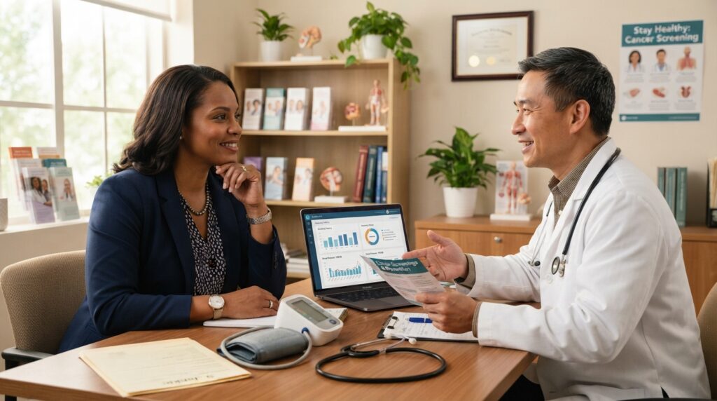 Adult discusses cancer screenings and blood pressure with clinician
