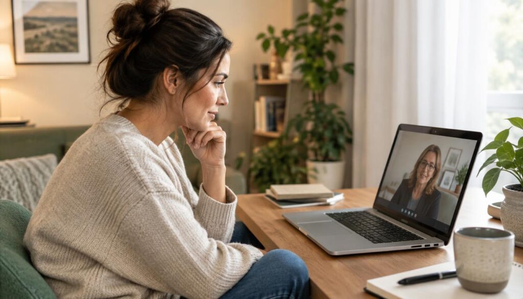 Adult speaking with a therapist through online mental health care Adult speaking with a therapist through online mental health care