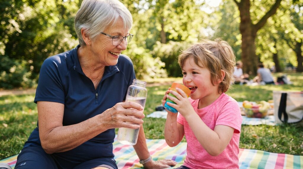 An older adult and child drinking water after outdoor activity