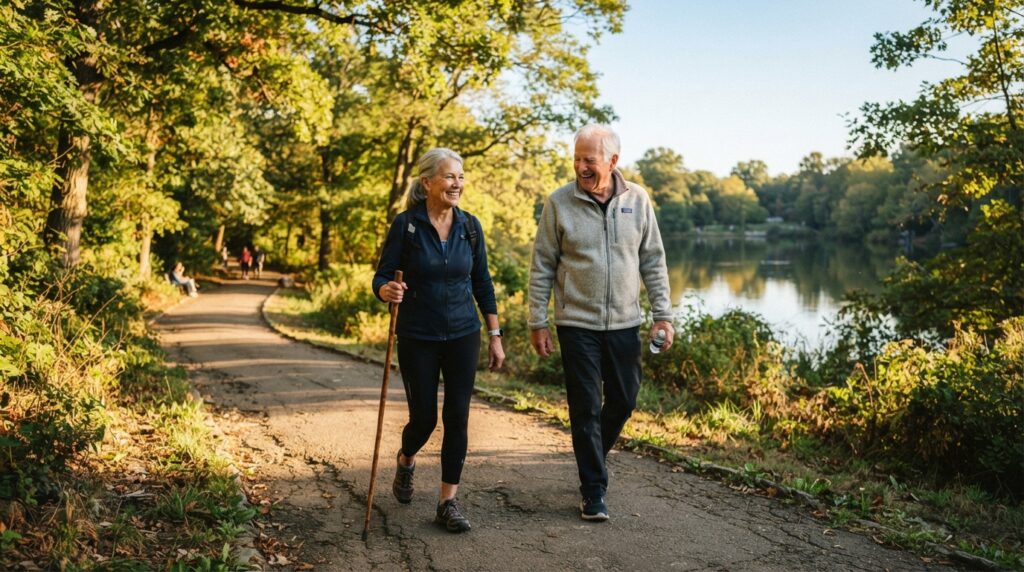 An older adult walks beside a companion for physical activity An older adult walks beside a companion for physical activity