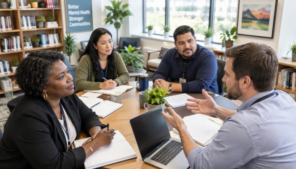 Behavioral health clinicians discussing co-occurring mental health needs Behavioral health clinicians discussing co-occurring mental health needs