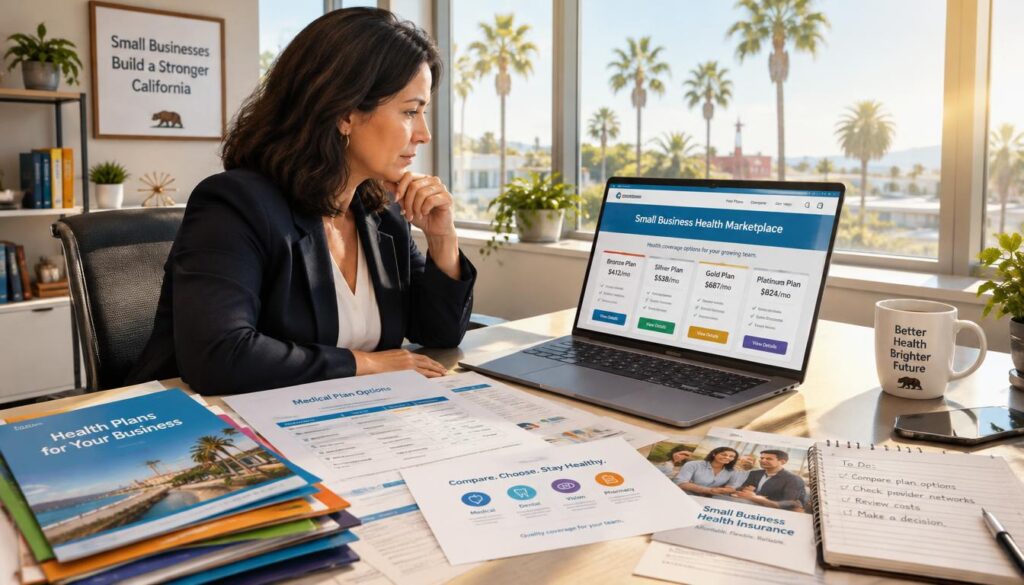 California business owner comparing small business health marketplace plans