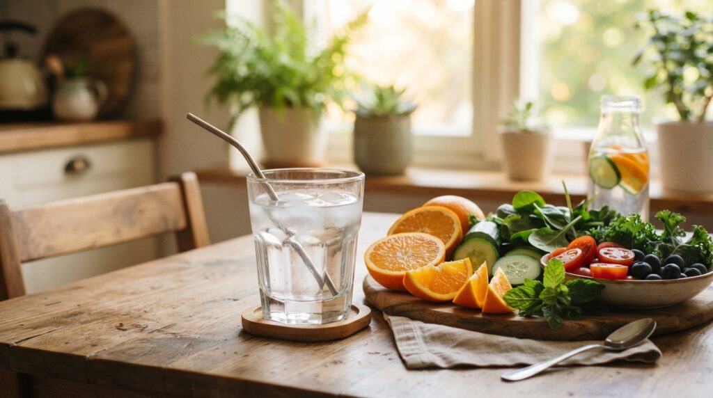 Daily water intake measured with a cup beside fresh food