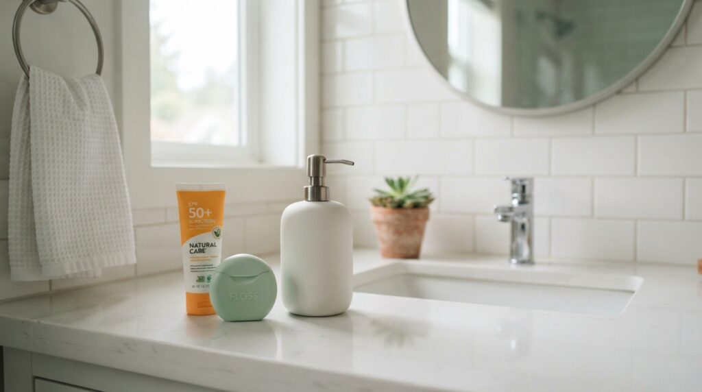 Floss and sunscreen set out beside a bathroom sink Floss and sunscreen set out beside a bathroom sink