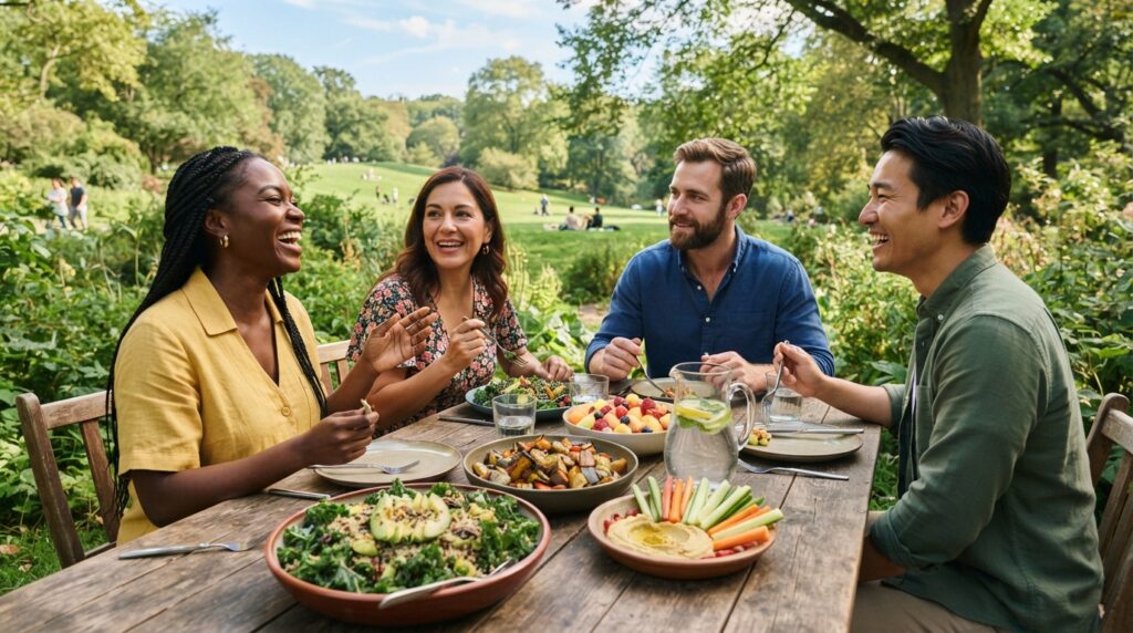 Friends discuss wellness dimensions over a shared meal outdoors Friends discuss wellness dimensions over a shared meal outdoors