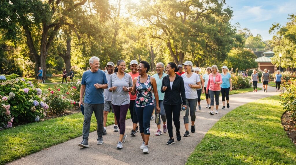Older adults walking together for weekly aerobic activity