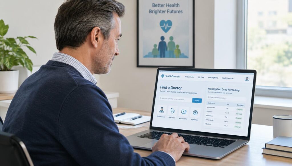Patient checking a doctor network and prescription drug formulary Patient checking a doctor network and prescription drug formulary