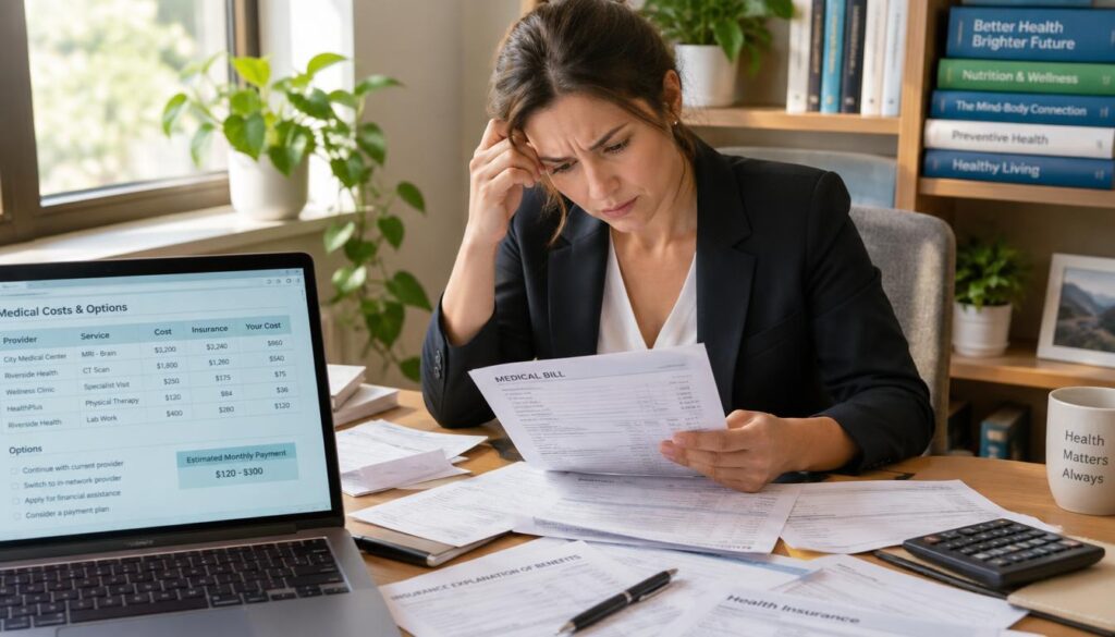 Patient reviewing medical bills and insurance cost options