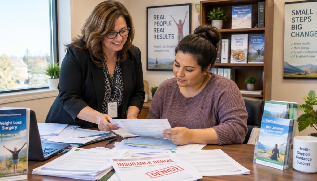 Patient sorts insurance denial papers with a bariatric office coordinator