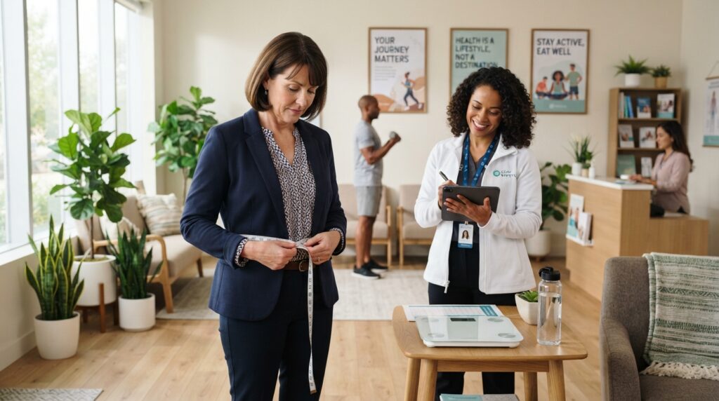 Person checking waist measurement while considering health factors