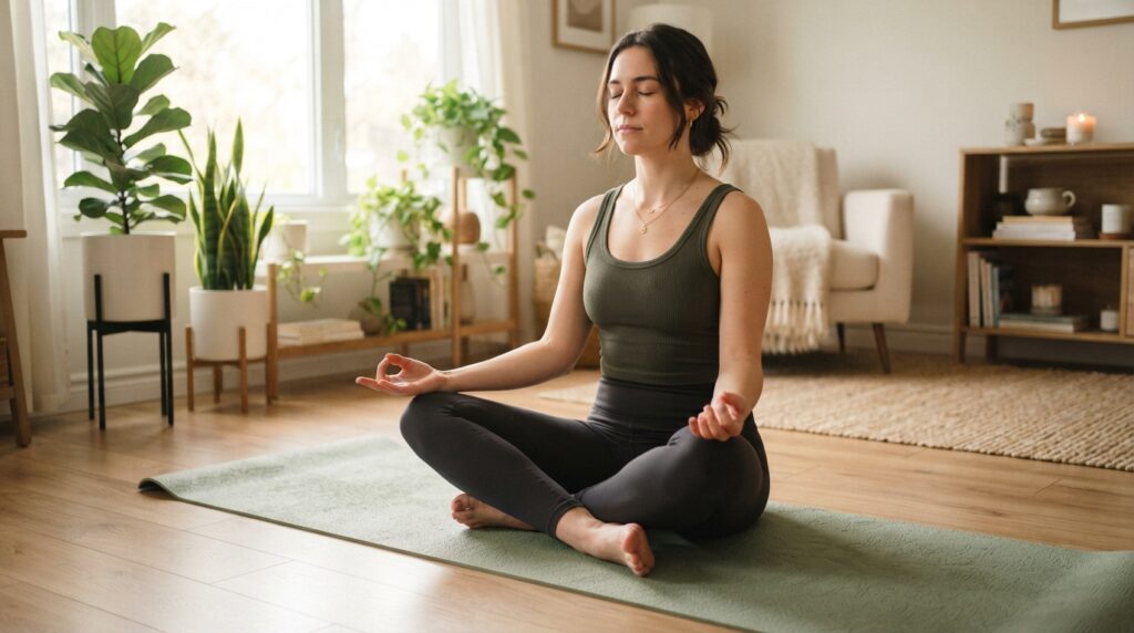 Person grounds both feet while practicing deep breathing at home