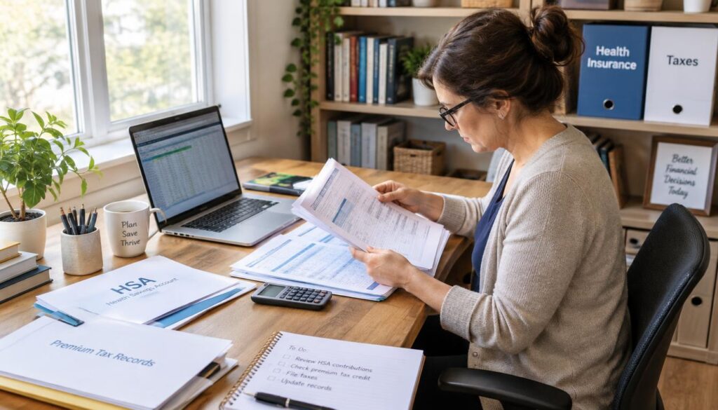 Self-employed worker organizing HSA and premium tax records