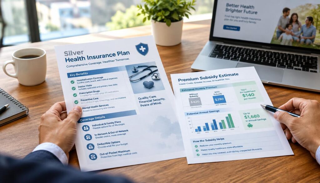 Silver health insurance plan details beside a premium subsidy estimate Silver health insurance plan details beside a premium subsidy estimate