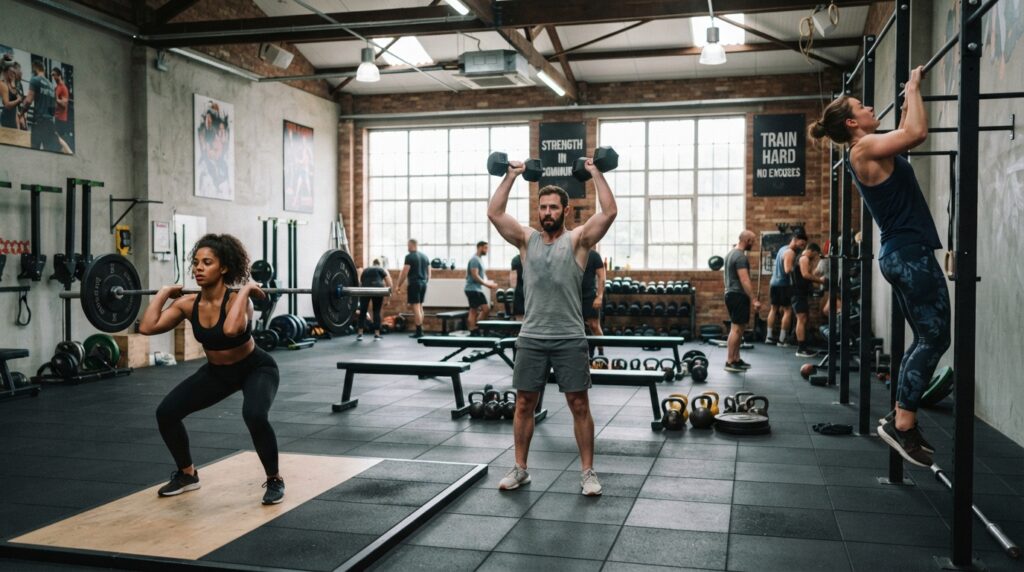 Squat, press, and pull movements in a strength workout
