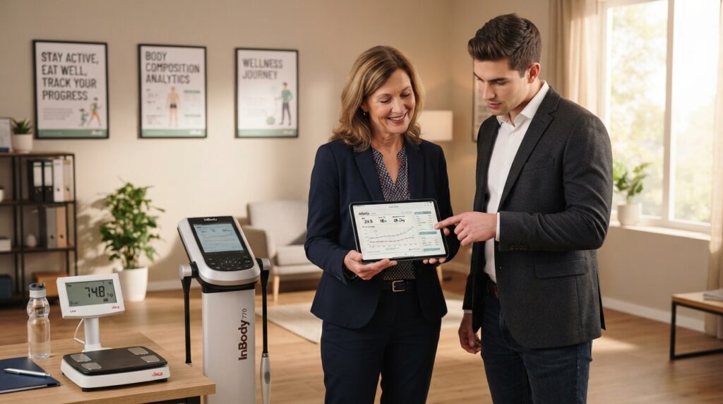 Two people compare body composition and BMI results